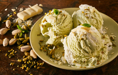 Scoops of Gourmet Pistachio Ice Cream in Dish