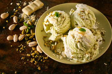 Scoops of Gourmet Pistachio Ice Cream in Dish
