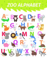 Zoo Alphabet with Cute Animals Cartoon Flat Vector