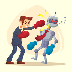 Human male man character win better robot. Vector flat cartoon illustration