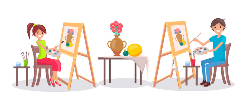 People Draw Still Life Picture of Vase and Fruits