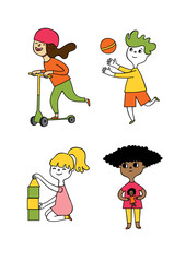 children1/Four children in the picture. Girl riding a scooter. Boy playing ball. Girl playing with cubes. Girl playing doll.
