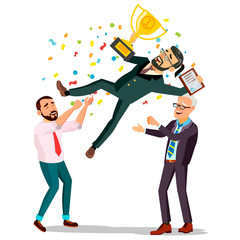 Winner Businessman Vector. Throwing Colleague Up. Colleague Celebrating Goal Achievement. Holding Golden Cup. Champion Number One. Flat Cartoon Illustration