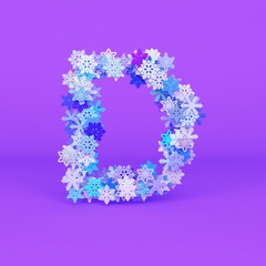 Winter alphabet letter D uppercase. Christmas font made of snowflakes. 3D render.