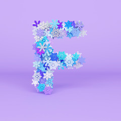 Winter alphabet letter F uppercase. Christmas font made of snowflakes. 3D render.