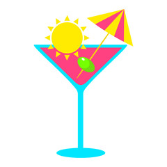 Tropical exotic summer refreshing cocktail in a glass for wine or champagne. Flat vector cartoon illustration. Objects isolated on a white background.