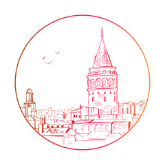 Fototapeta na wymiar Vector sketchy illustration with a silhouette of Galata tower in Istanbul in a circle frame isolated on white background. Hand drawn famous turkish landmark in red, orange and yellow gradient colors.