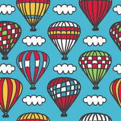 Cappadocia. Bright vector seamless pattern with cute doodle striped hot air balloons with baskets and clouds in the sky. Colorful hand drawn cartoon elements on blue background.
