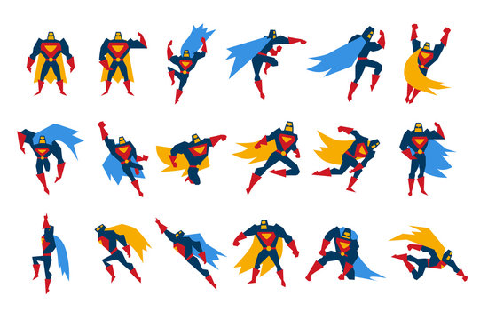 Superheroes characters set, man wearing colorful costumes on action vector Illustrations on a white background