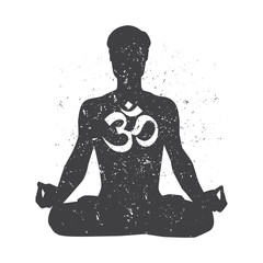 Vector illustration with meditating man in lotus yoga pose with Om sign on white background with grunge texture. Black male figure for yoga concept print, poster, card and flyer design.