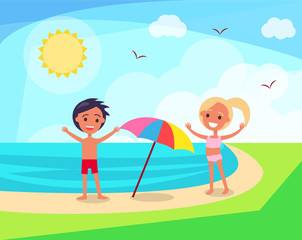 Small Boy and Girl Playing under Sun on Beach