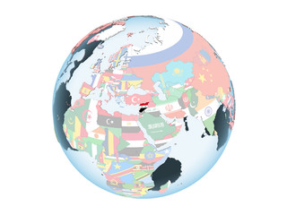 Syria with flag on globe isolated