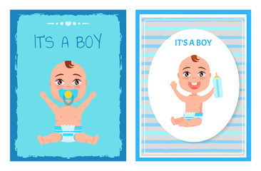 Its Boy Posters Set with Happy Infants in Diapers