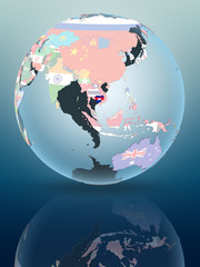 Cambodia on globe with flags
