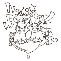 Happy New 2019 Year card with cartoon baby pig. Small symbol of holiday.