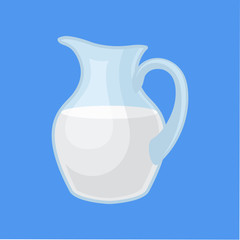 Glass jug of fresh milk, delicious dairy product vector Illustration in flat style