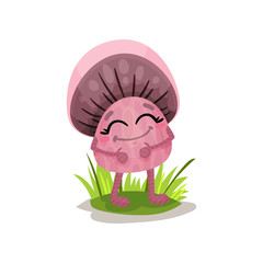 Cute pink mushroom character with human face vector Illustration on a white background