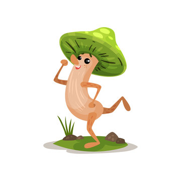 Cute funny mushroom character with human face and green cap vector Illustration on a white background