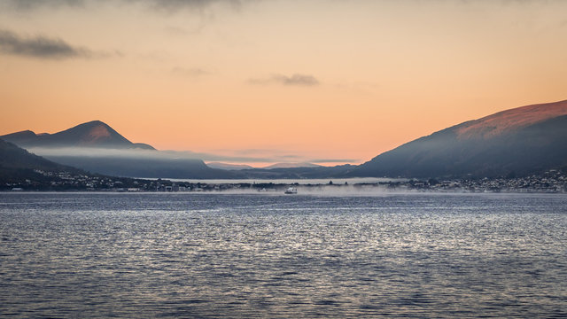 Hareid seen from a ferry on a cold morning