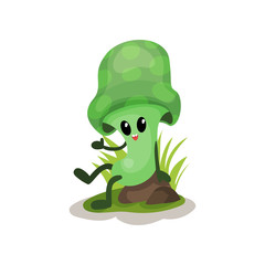 Funny green mushroom character with human face sitting on stump vector Illustration on a white background