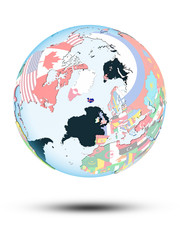 Iceland on globe with flags
