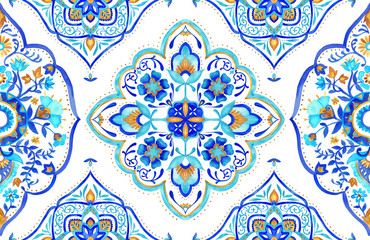 Moroccan medallion seamless tile - aqua, turquoise and gold