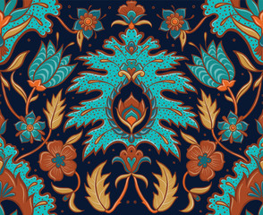 Bohemian Seamless Floral Tile - Turquoise and Ochre