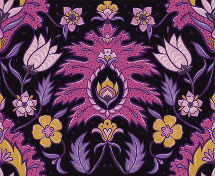 Bohemian Seamless Floral Tile - Pink, purple and mustard