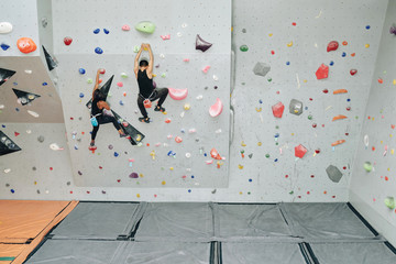 Back view of sportive people working out in bouldering gym and clambering wall together