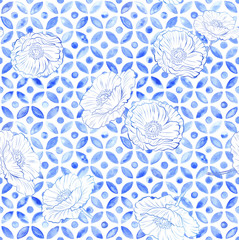 Moroccan poppy seamless tile - navy watercolor