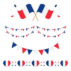 Set, collection of french flags and design elements for French National Day and other public holidays.
