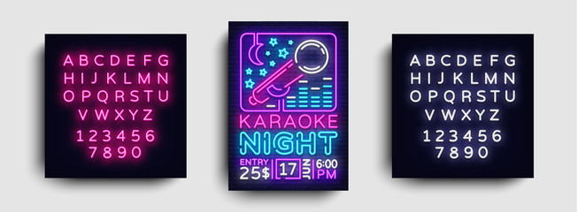 Karaoke design poster vector. Karaoke Party Design Template Flyer, Neon Style, Karaoke Night brochure, Neon Banner, Light Flyer, Concert Invitation, Live Music, Night Party. Editing text neon sign