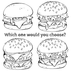 Group of vector illustrations on the fast food theme; set of different kinds of burgers. 