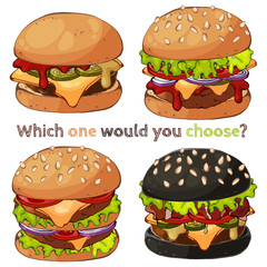 Group of vector colorful illustrations on the fast food theme; set of different kinds of burgers. Pictures contain realistic shadows and glare.