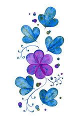Fototapeta na wymiar Abstract watercolor composition of blue leaves and purple flower.
