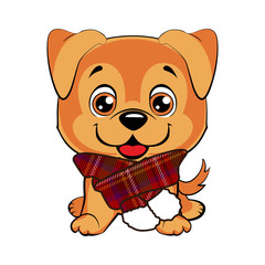 cheerful red dog with a scarf sits. Scarf with tartan pattern. Pattern in a cell. Red background with blue, white, yellow, green, black and red stripes.