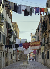 Laundry hanging on a clothes line in Venice, Italy