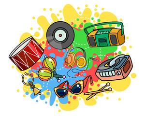 Musical objects on colored background