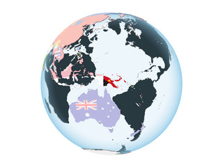 Papua New Guinea with flag on globe isolated