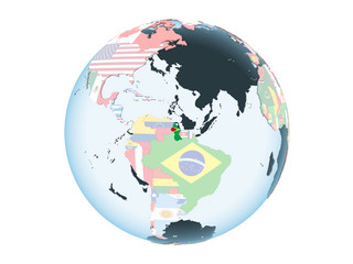Guyana with flag on globe isolated