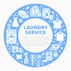 Dry cleaning, banner illustration with blue flat glyph icons. Laundry service equipment, washing machine, clothing leather repair garment steaming. Circle template launderette poster.