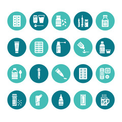 Medicines, dosage forms glyph icons. Pharmacy, tablet, capsules, pills, antibiotics, vitamins, painkillers Medical threatment health care signs for drug store. Solid silhouette pixel perfect 64x64.