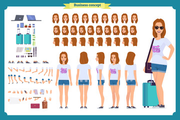 Tourist female, vacation traveller character creation set. Full length, views, emotions, gestures, tan skin tones, white background. Build your own design. 