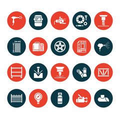 Welding services flat glyph icons. Rolled metal products, steelwork, stainless steel laser cutting, fabrication, safety equipment. Industry sign for welder. Solid silhouette pixel perfect 64x64.