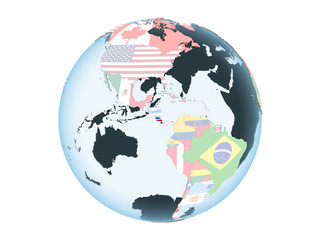 Costa Rica with flag on globe isolated