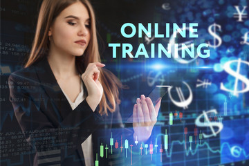 The concept of business, technology, the Internet and the network. A young entrepreneur working on a virtual screen of the future and sees the inscription: Online training