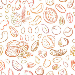 Vector seamless pattern Nuts and seeds. Hand drawn elements with brown gradient outline on white. Almond, cashew, peanut, walnut, pecan, macadamia, brazil nut, hazelnut, pumpkin and sunflower seeds.