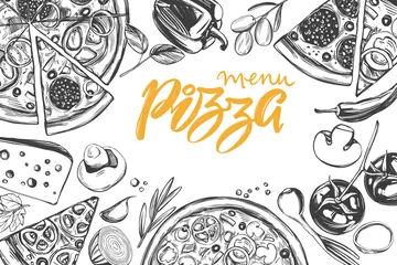 Foto op Canvas Italiaanse pizza, verzameling van pizza met ingrediënten, logo, handgetekende vectorillustratie realistische schets, © vladischern