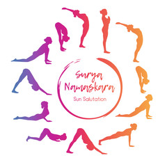 Vector illustration yoga exercise Sun Salutation. Steps of morning gymnastics in colorful gradient with silhouettes of slim woman in different positions in circle composition.