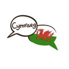 Translation: Welsh. Vector illustration of hand drawn doodle speech bubbles with a national flag of Wales and hand written name of language. Linguistic course or translation agency design